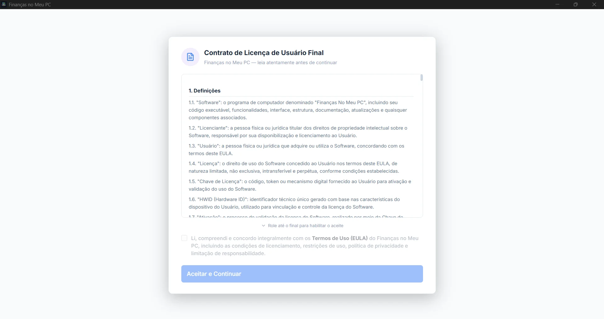 tela do EULA com o documento em rolagem e o botão de aceite desabilitado