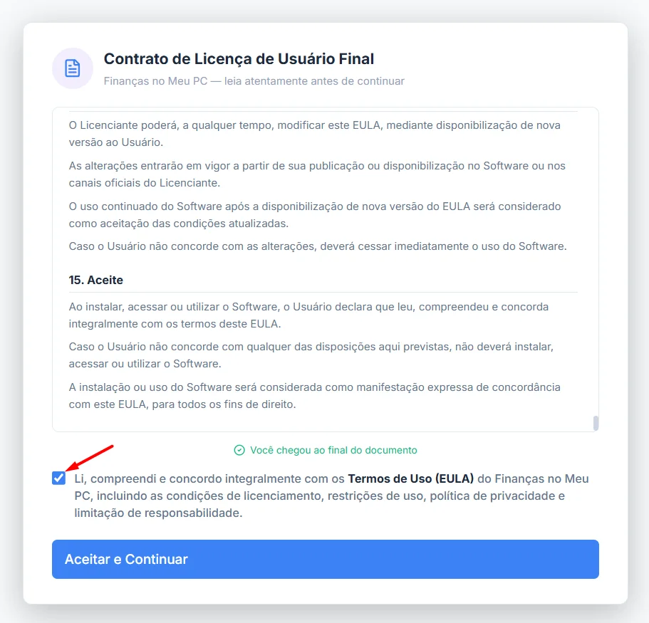 tela do EULA com o checkbox habilitado e marcado, botão "Aceitar e Continuar" ativo