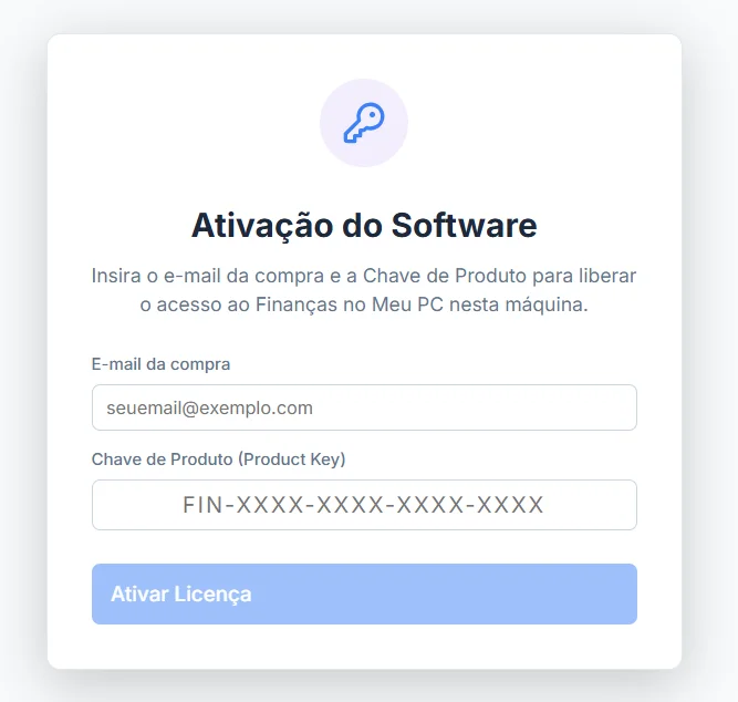 tela de ativação com os campos de e-mail e chave de produto