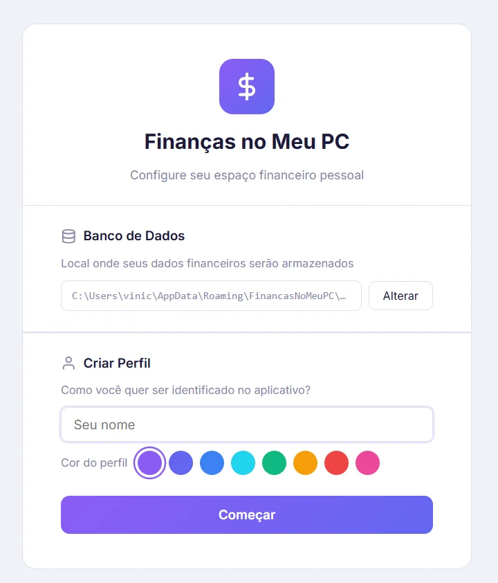 tela de configuração inicial completa, com as seções de banco de dados e criar perfil