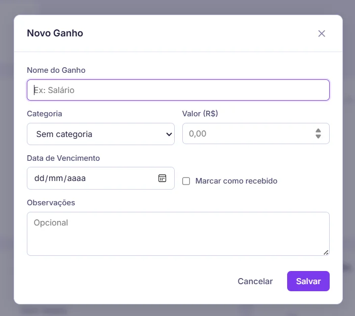 Formulário de novo ganho
