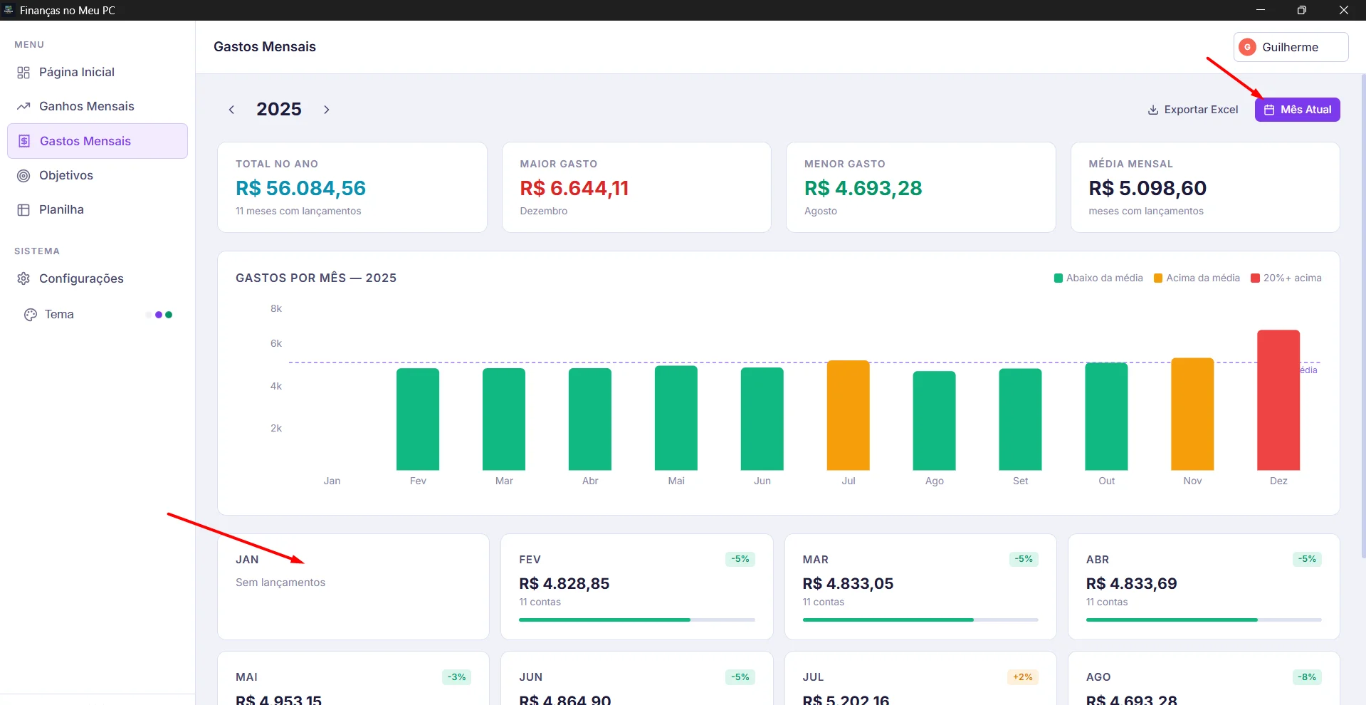 Escolha do mês - gastos mensais