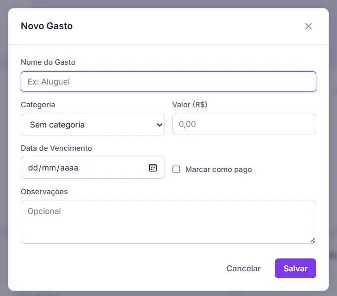 Formulário de novo gasto