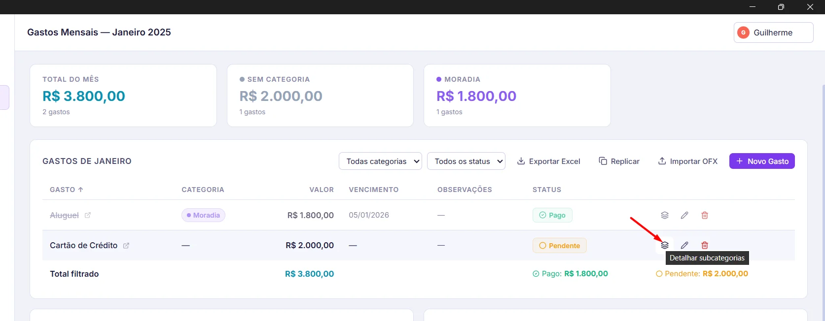 Subcategorias de gastos