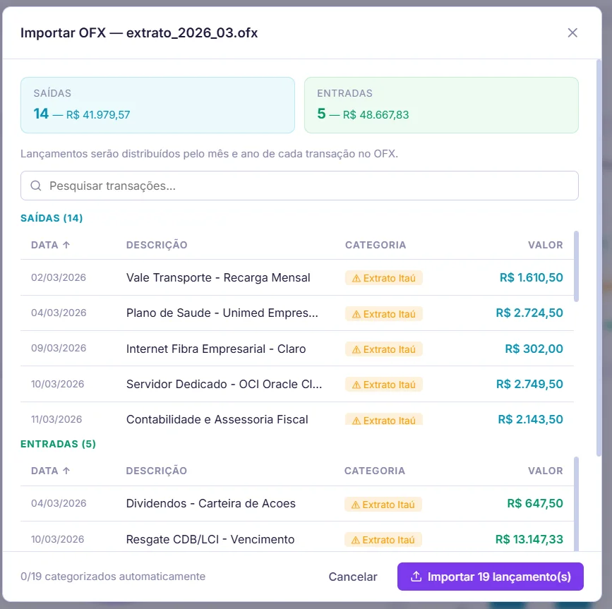 Importação do Extrato do Banco